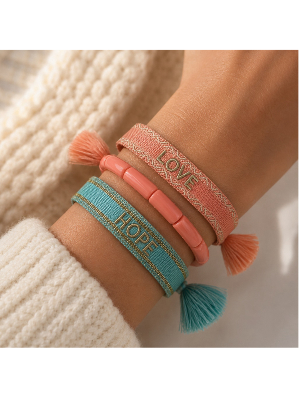 Boutique LOVE & HOPE Bracelet Stack – Set of 3 Coral & Turquoise Boho Bracelets